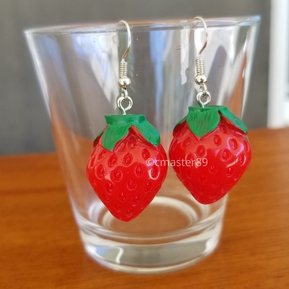 2 for $8 3D Strawberry Statement Hook Earrings - Picture 2 of 5
